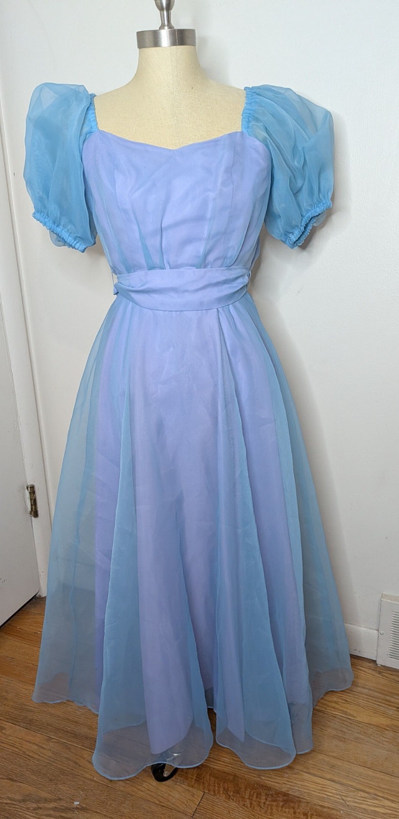 VTG 80s Blue/Lavender Taffeta Prom Dress Puff Sleeve Bridgerton Formal Gown