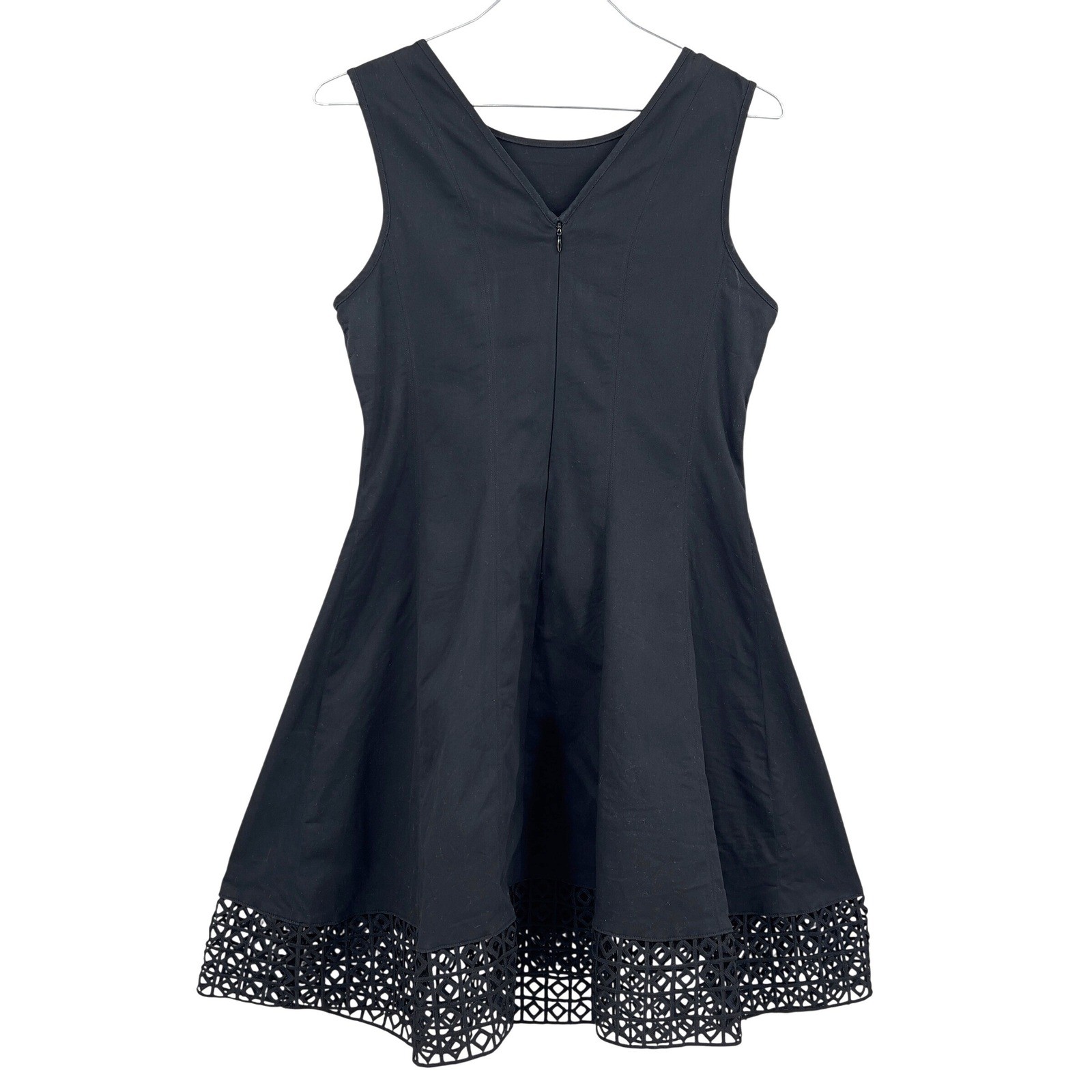 Donna Ricco Black Fit Flare Dress Geometric Laser Cut Eyelet Hem Size 14