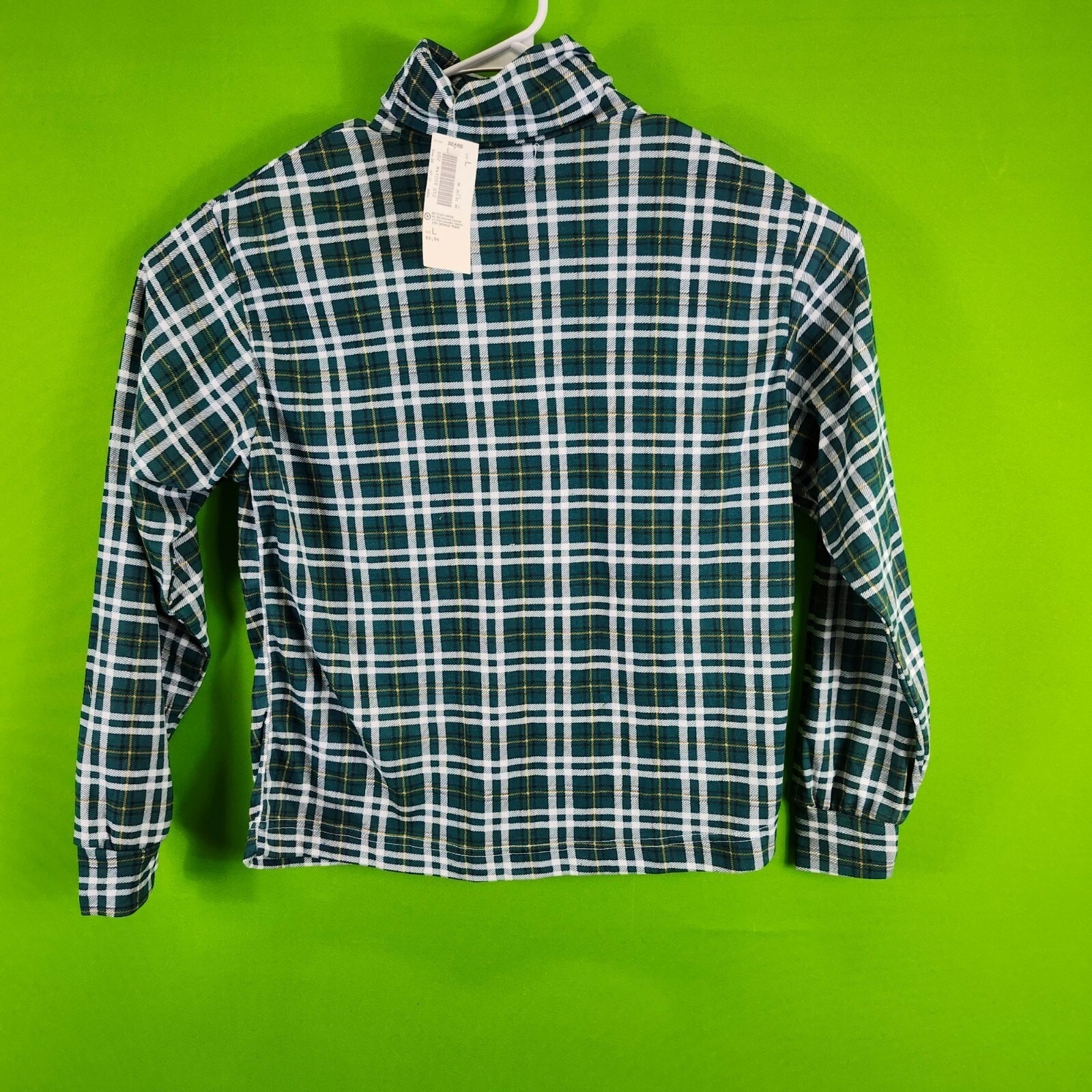 Women’s Vintage Manframe Plaid Turtleneck Long Sleeve Shirt Large Green & White