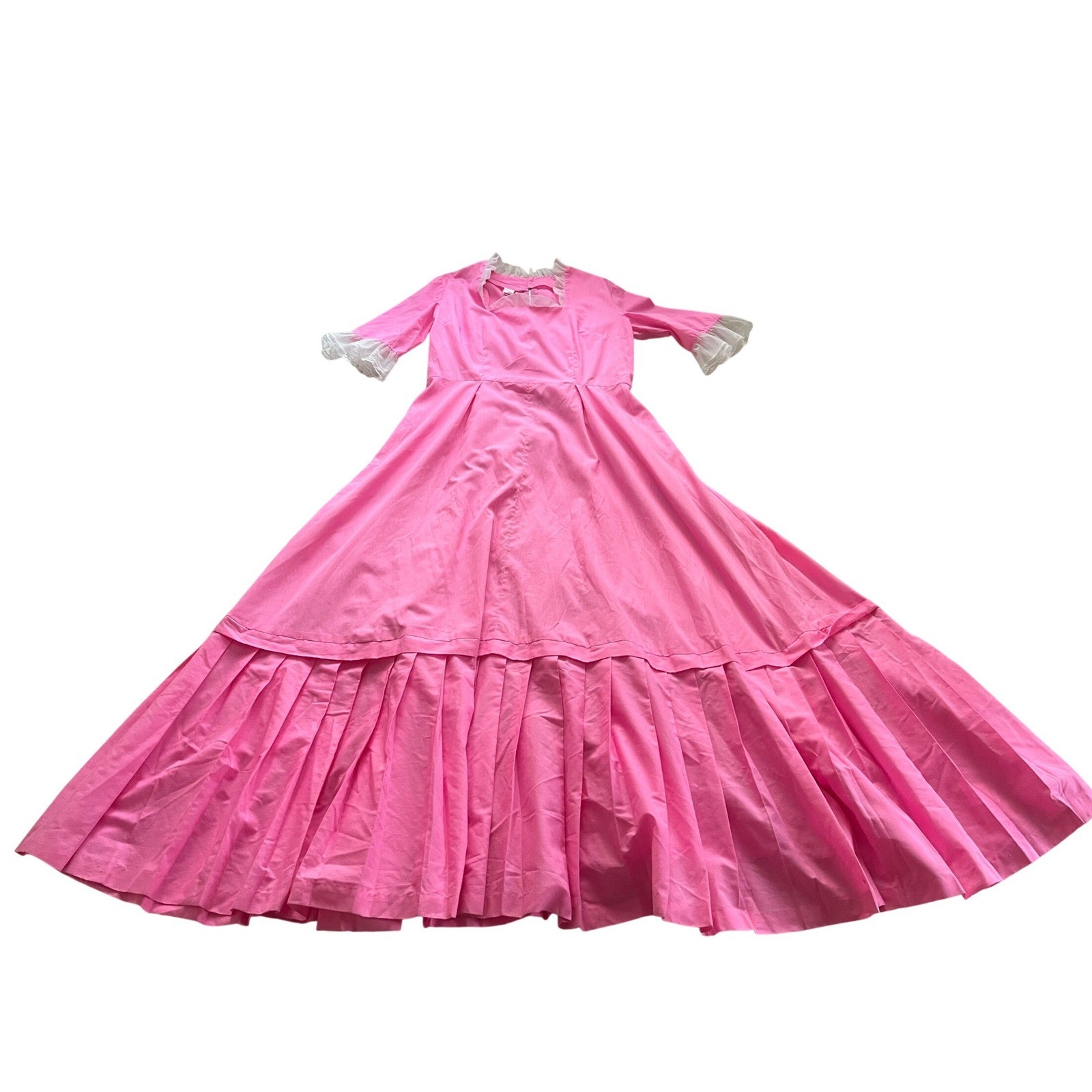 Vintage 70s Pink Prairie Western Maxi Dress Ruffle Square Barbiecore Neck Sz L