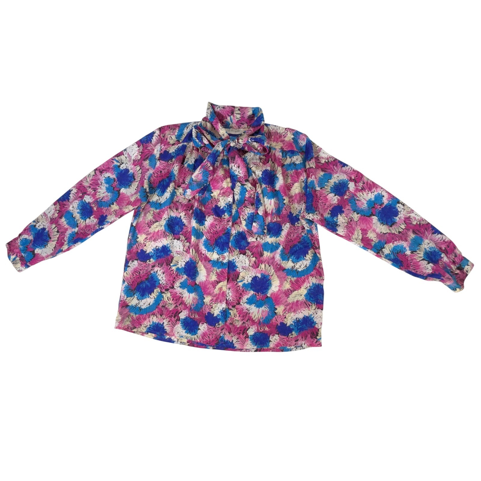 Steven Barry Blouse 16 Pink Blue Abstract Floral Tie Neck Vintage 80s Secretary