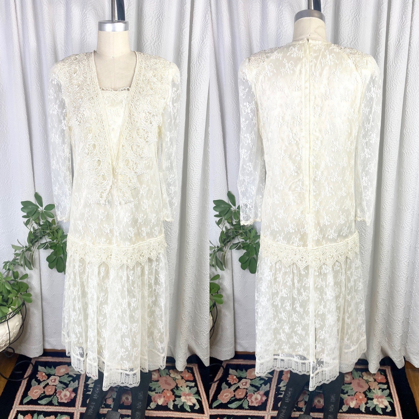 Vintage 1980s White Lace Drop Waist Wedding Dress, Size Medium