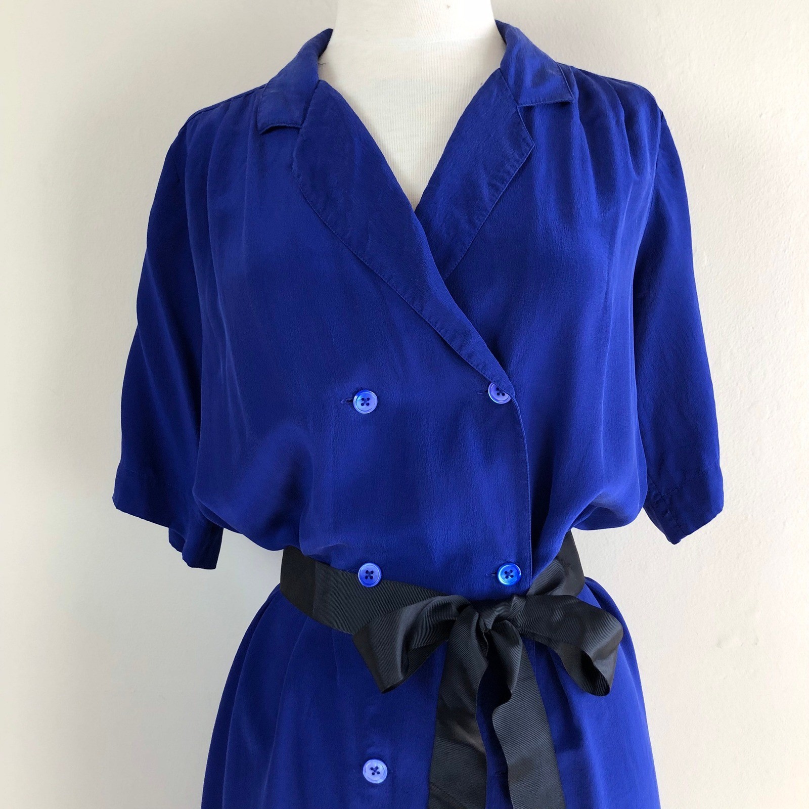 vintage 90s cobalt blue silk shirt dress midi double breasted minimalist
