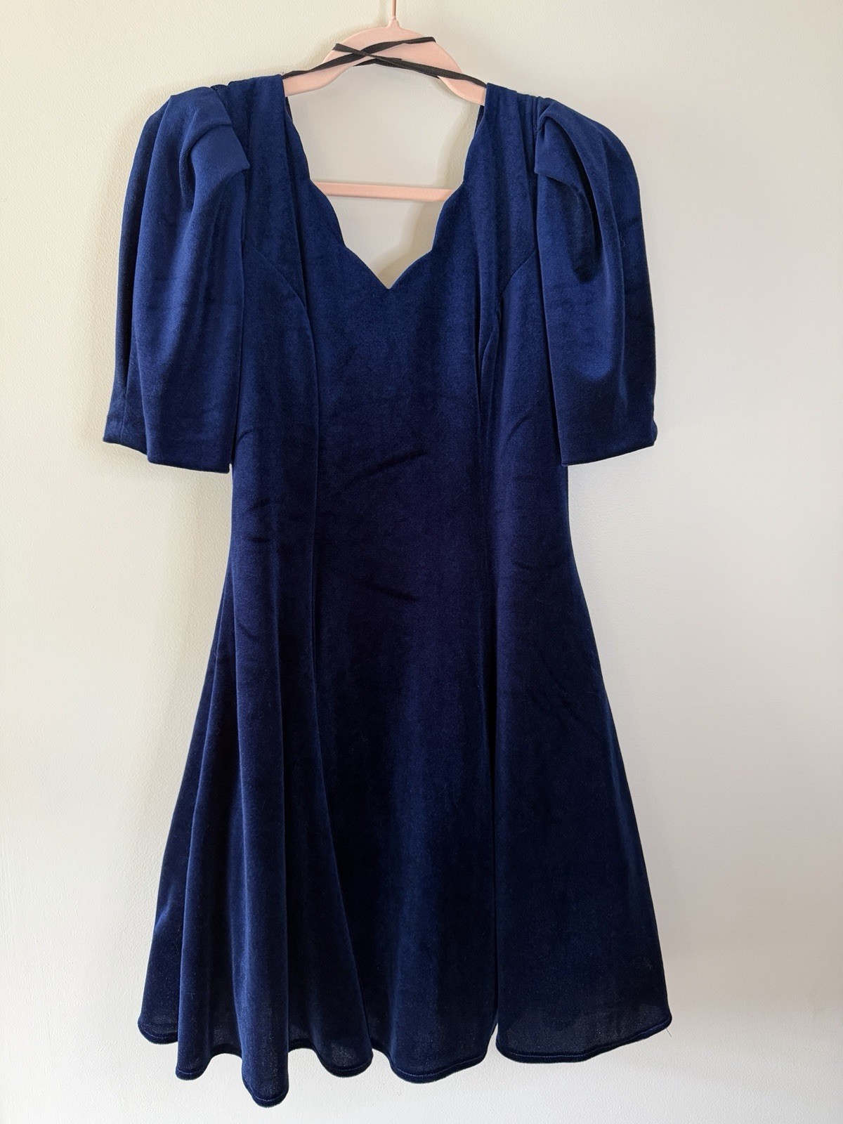 Vintage Jodi Michaels Velvet Dress Size 5 Navy Blue Puff Sleeve Satin Bow 90s