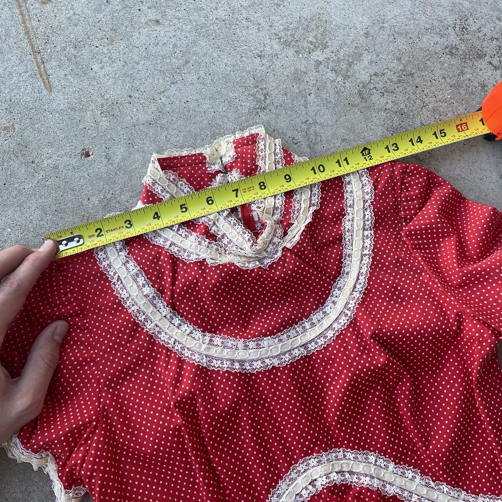 Prairie Cottage Core Vtg 70s Maxi Dress Red White Polka Dot Lace Trim Women’s S