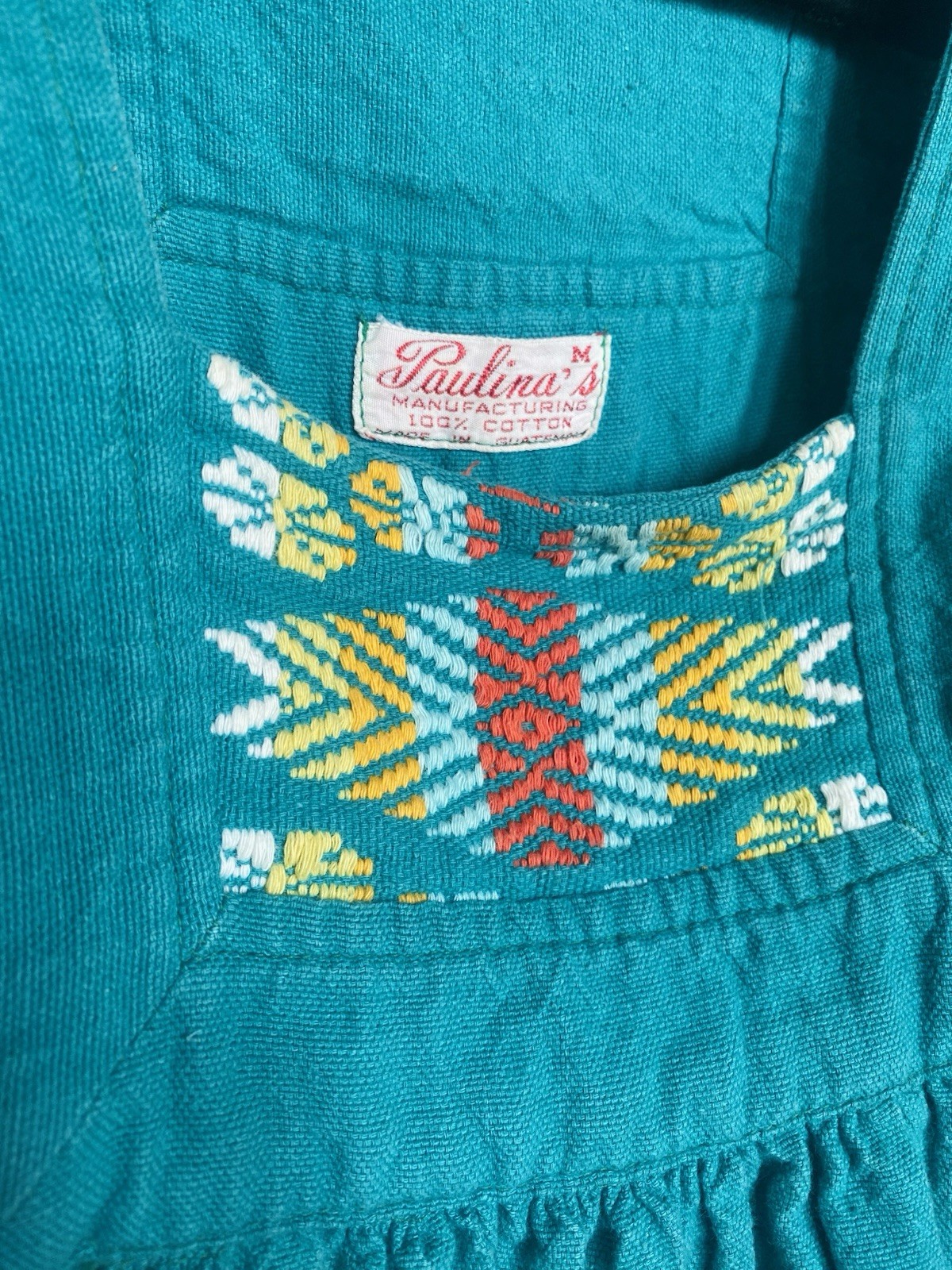 VTG 70s Paulina’s Embroidered Mexican Peasant Dress Teal Woven Cotton Boho M