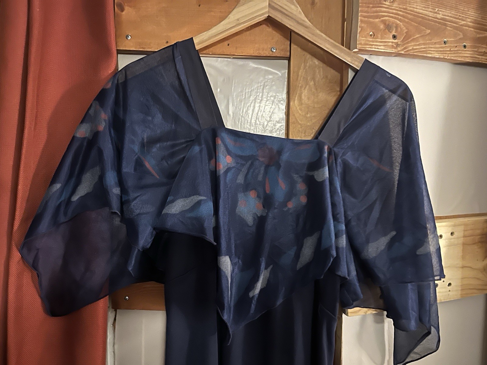 Vtg 70s Chiffon Capelet Maxi Dress Navy Floral Flutter Sleeve Gown Union Boho