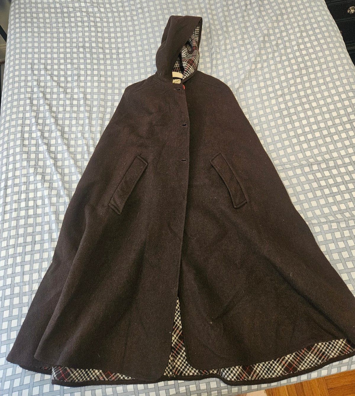 Vintage Brown Wool Hooded Cape with Houndstooth Plaid Lining