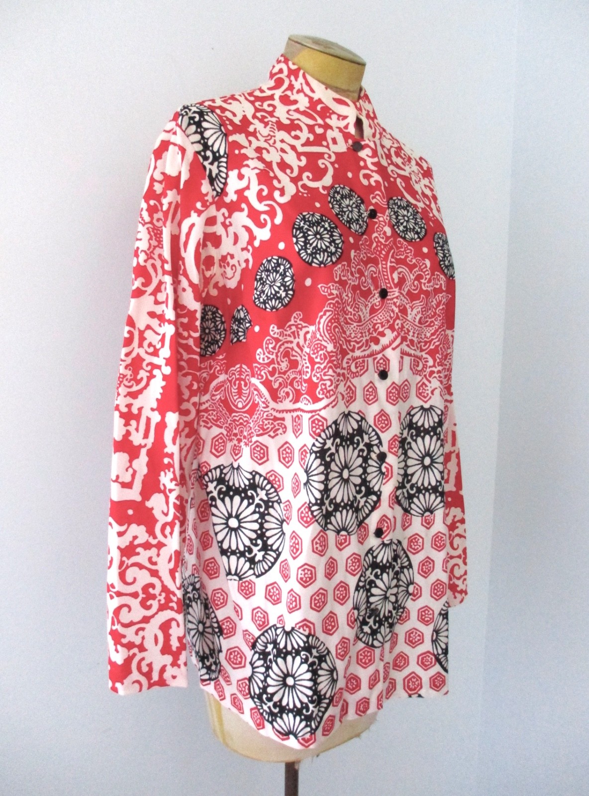 Vtg 60s 70s Sears Red Black White Geometric Asian Tunic Top Button Blouse XL