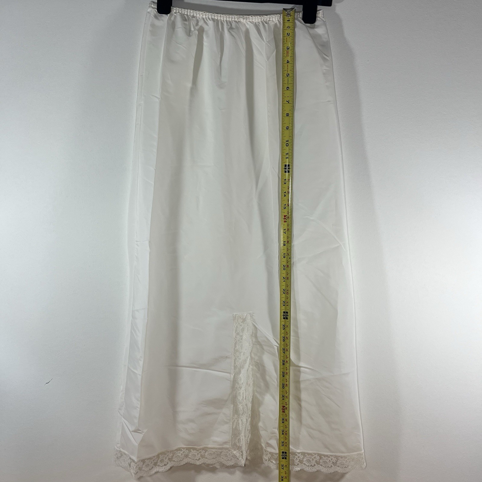 VINTAGE Bonwit Teller Ivory Full Length Maxi Skirt Slip Satin Lace Slit Medium