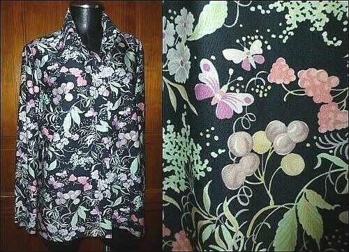 Vtg 70s Ship’n Shore FLORA FAUNA Print Nylon knit hippie Shirt BLOUSE TOP XL