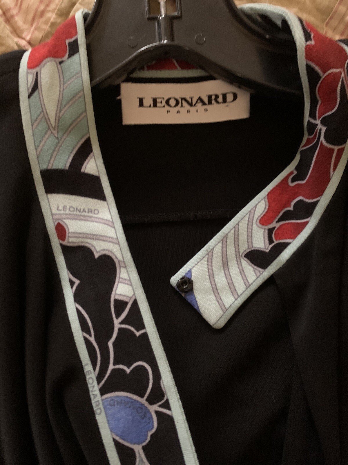 Vintage Leonard Paris Black Jersey Knit Dress With Silk Logo Trim, Sz 38 / US 6