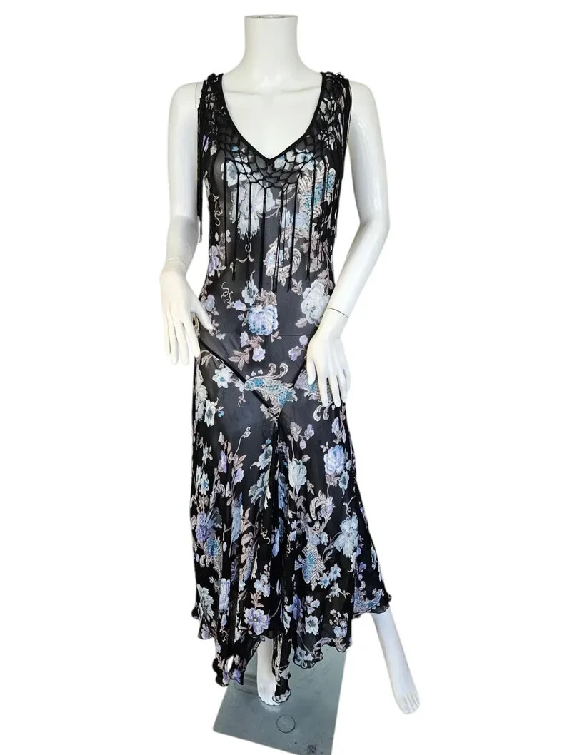 Temptations 1990 Black Rayon Gauze Floral Bias Cut Dress XL Piano Shawl Fringe