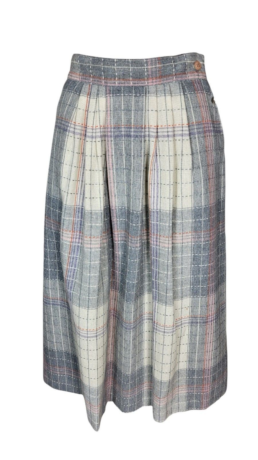 VTG 70s Wool Blend Grey Pink Plaid Tweed Midi Secretary Academia Librarian Skirt