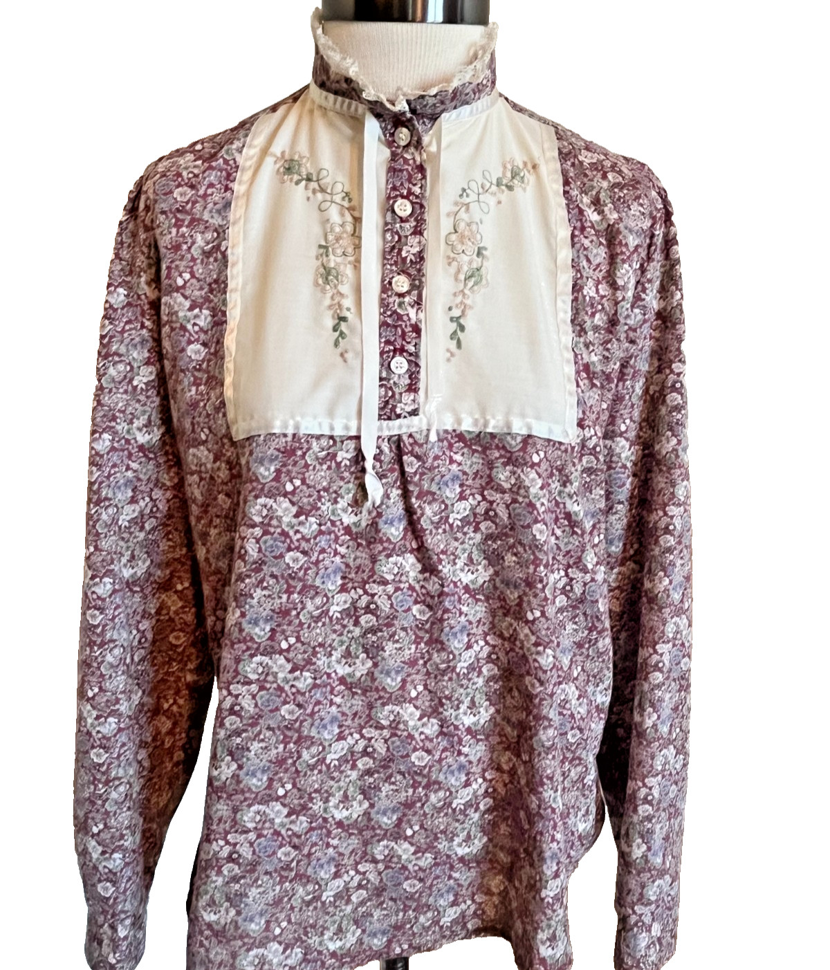 Vtg Funny Girl Blouse Shirt Size 13/14 High Neck Floral Calico Prairie Cottage
