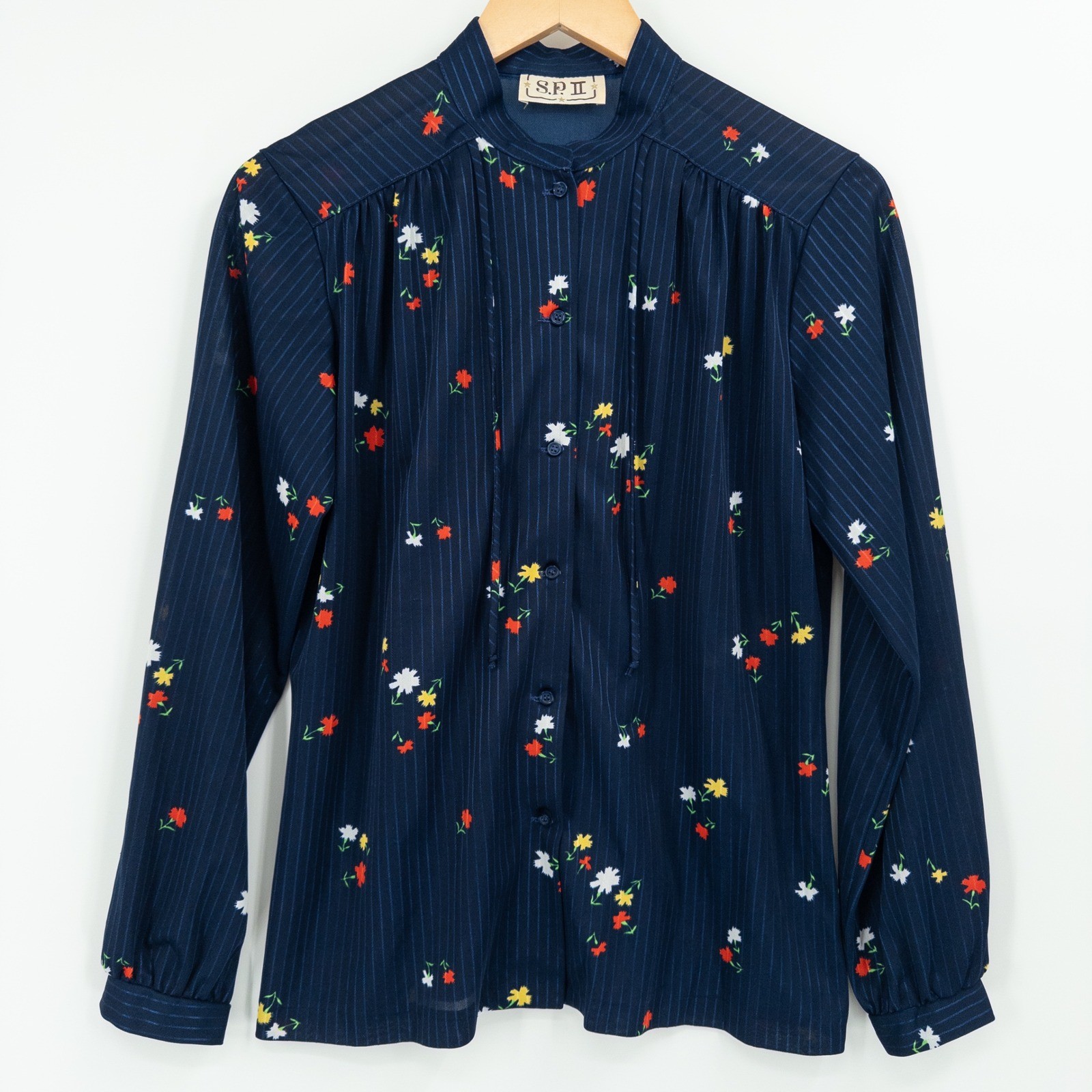 Vintage 70s Navy Floral Pinstripe Prairie Blouse Womens Small