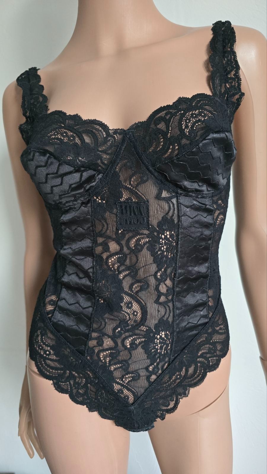 Vintage 80s MISS LEPEL Black Bodysuit Nylon Blend Guipure Inserts. Size 3