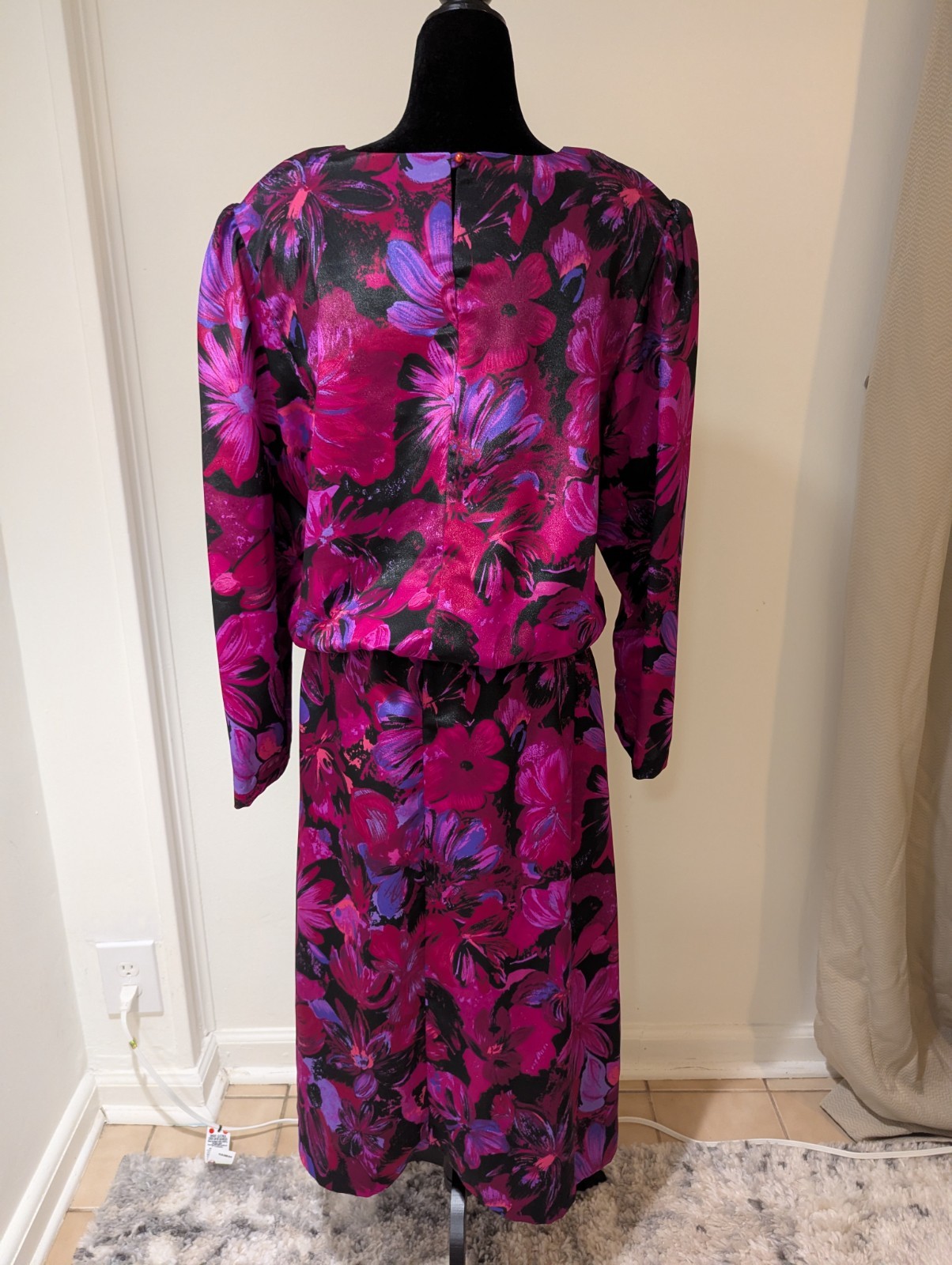 Vintage 1980s Luci Pellini Pink Purple Floral Blouson Dress Elastic Waist XXL