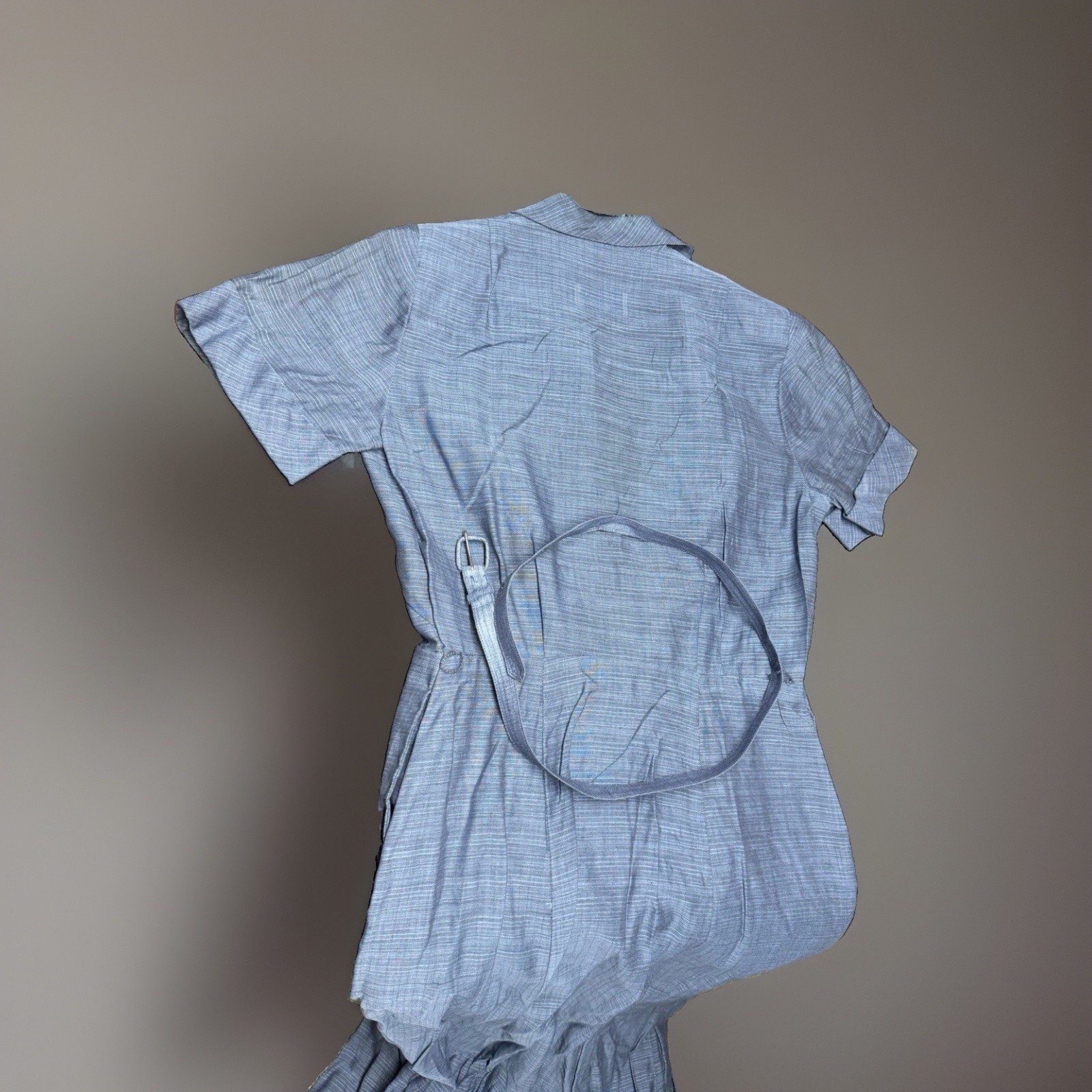 Vtg 1940s Nelly Don Blue Day Dress Button Front Belted Shoulder Pads Sz M NOS