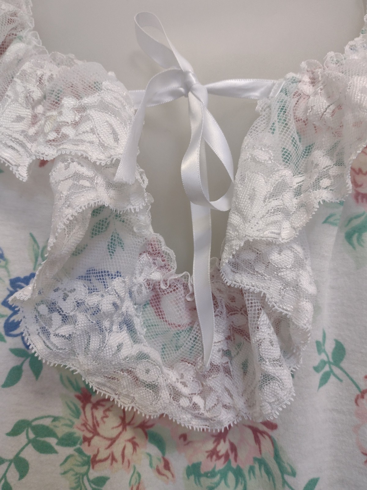 Vintage 60s 70s Floral Babydoll Nightgown Lace Trim Brushed Poly Cottagecore M/L