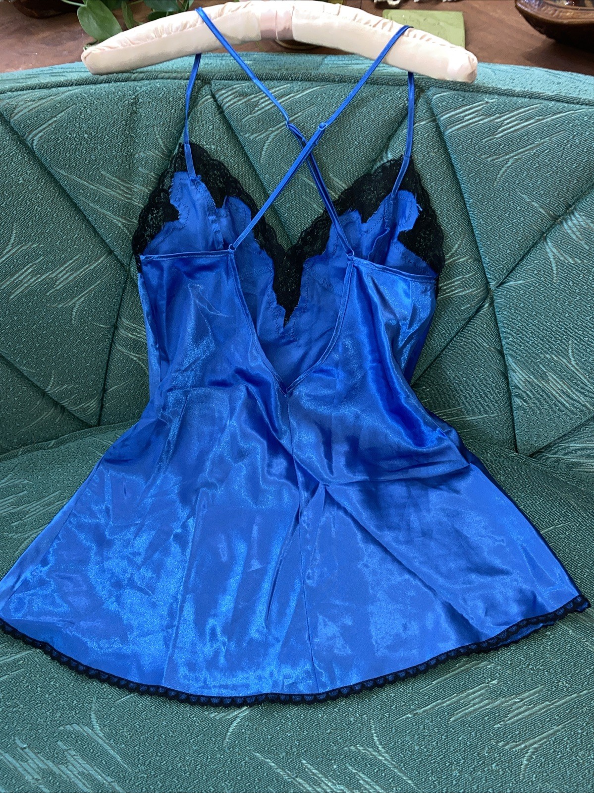 Vintage Frederick’s Of Hollywood Slip Chemise Blue W Black Lace Small