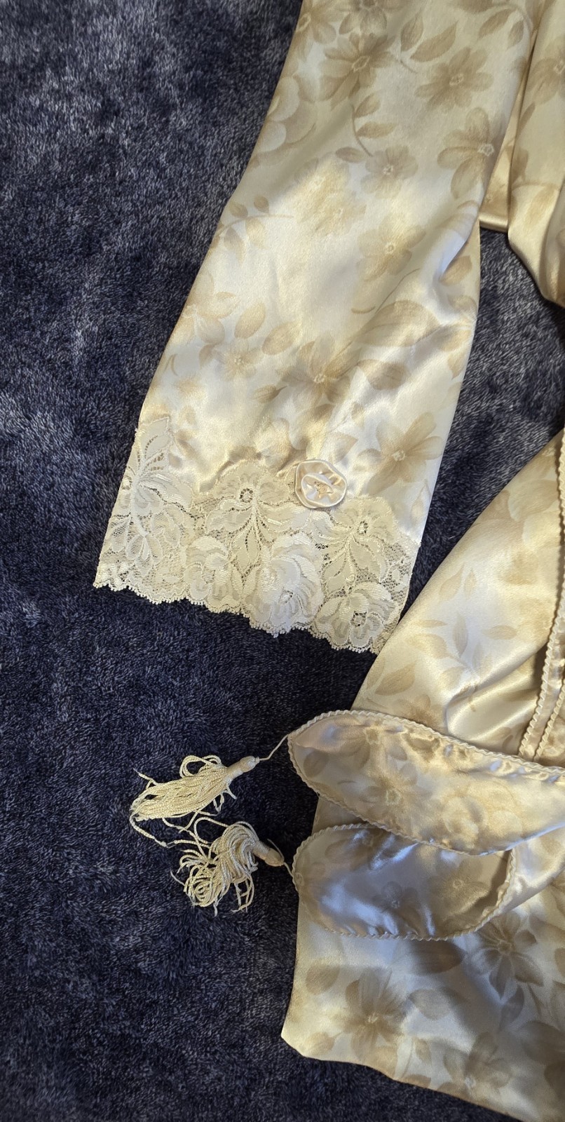 Vintage Christian Dior Satin Floral Jacquard Lace Robe Cream Gold, M