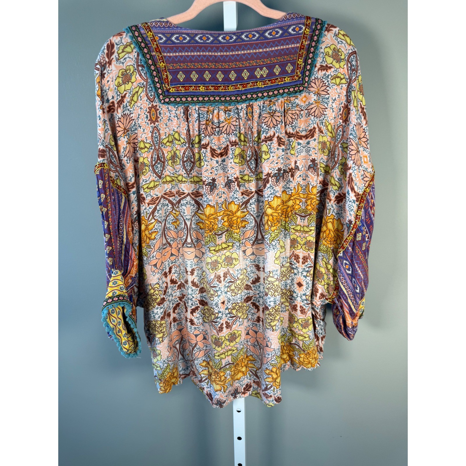 John Mark Boho Floral Mixed Print Tunic Blouse L Artsy Cottagecore