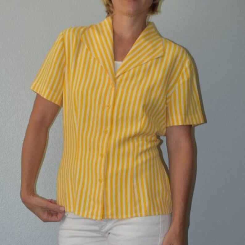 Vintage 100% silk yellow and white striped fitted blouse, Petite Sophisticate