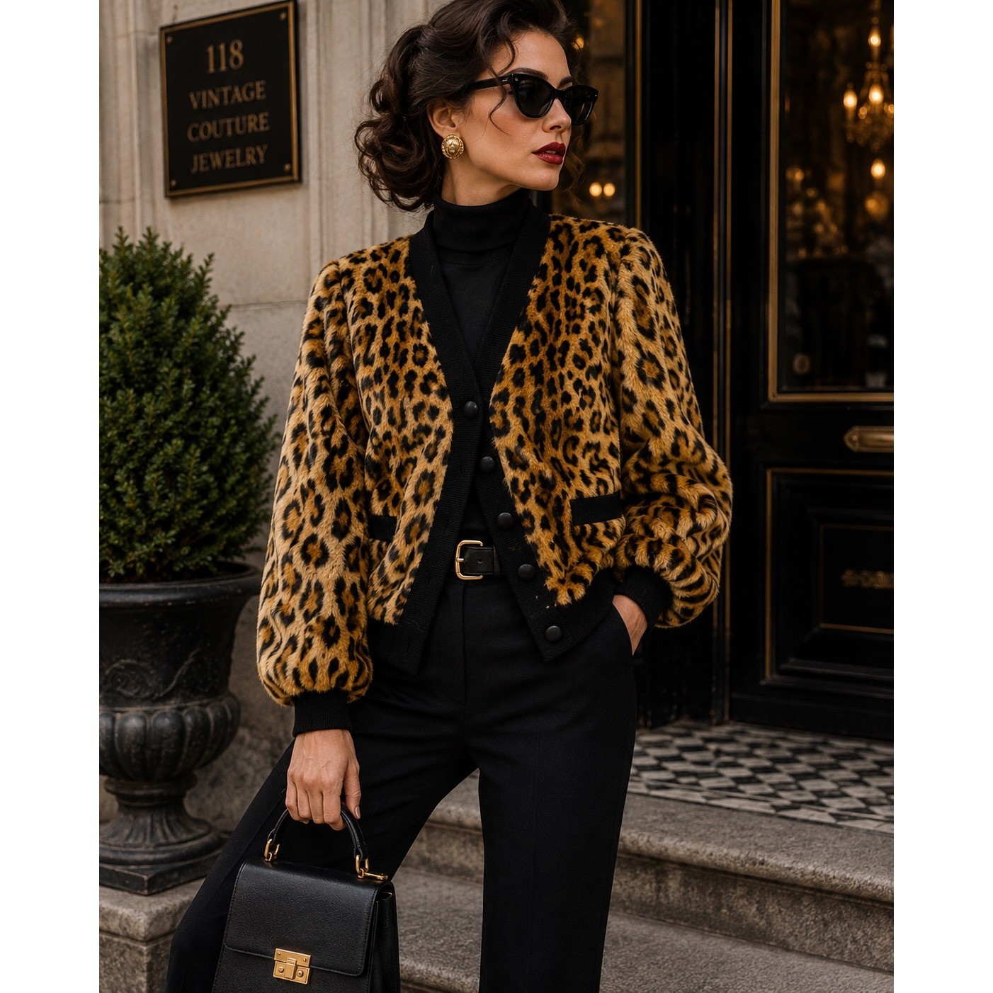 Vintage Iconic Glam Leopard Faux Fur Cardigan Jacket Chic Old Hollywood USA Sz L