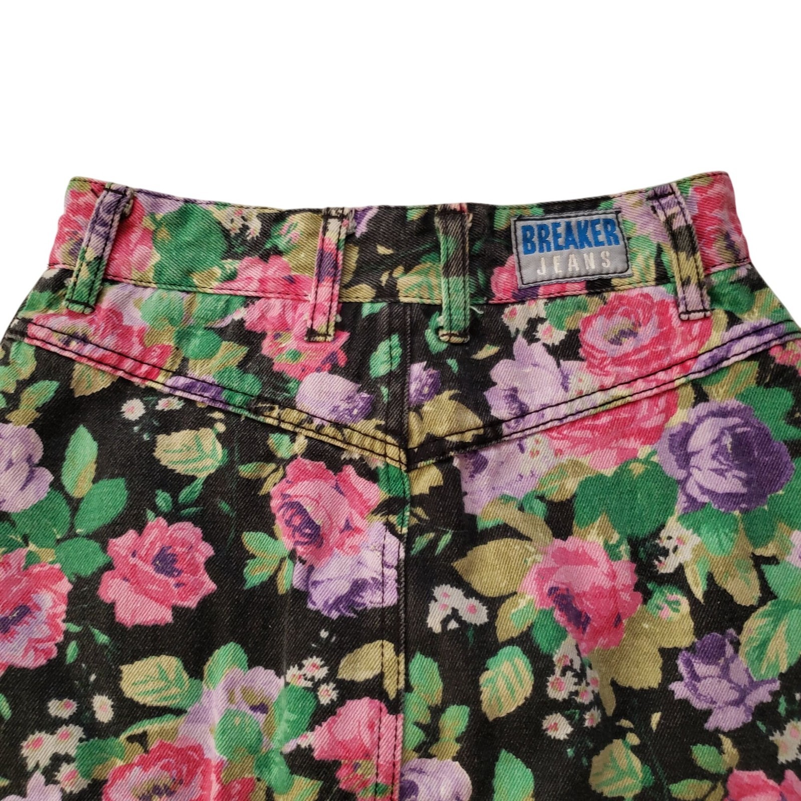 Vintage 80s 90s Floral Denim Skirt XS Breaker Jeans Pinch Waist Retro Mini