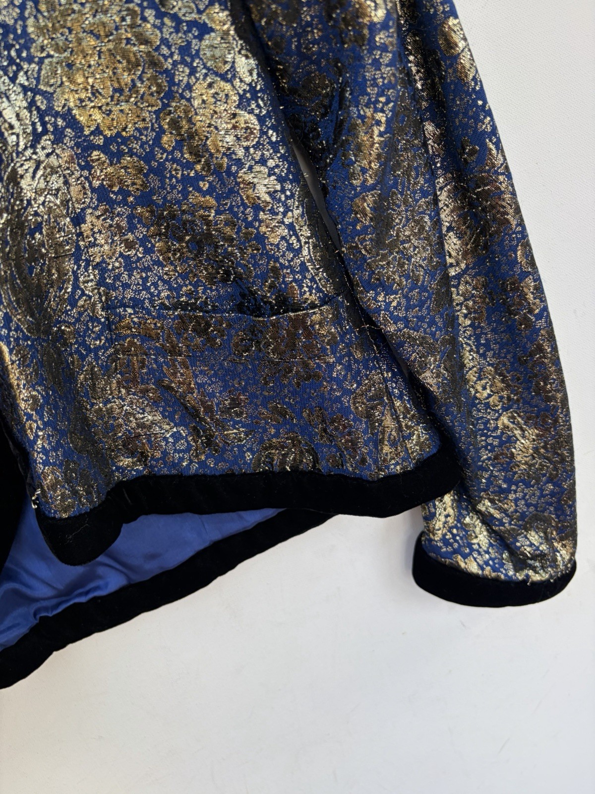 Lanvin Jacket Vintage Blue Gold Lame Floral Brocade Black Velvet Collar 1980s