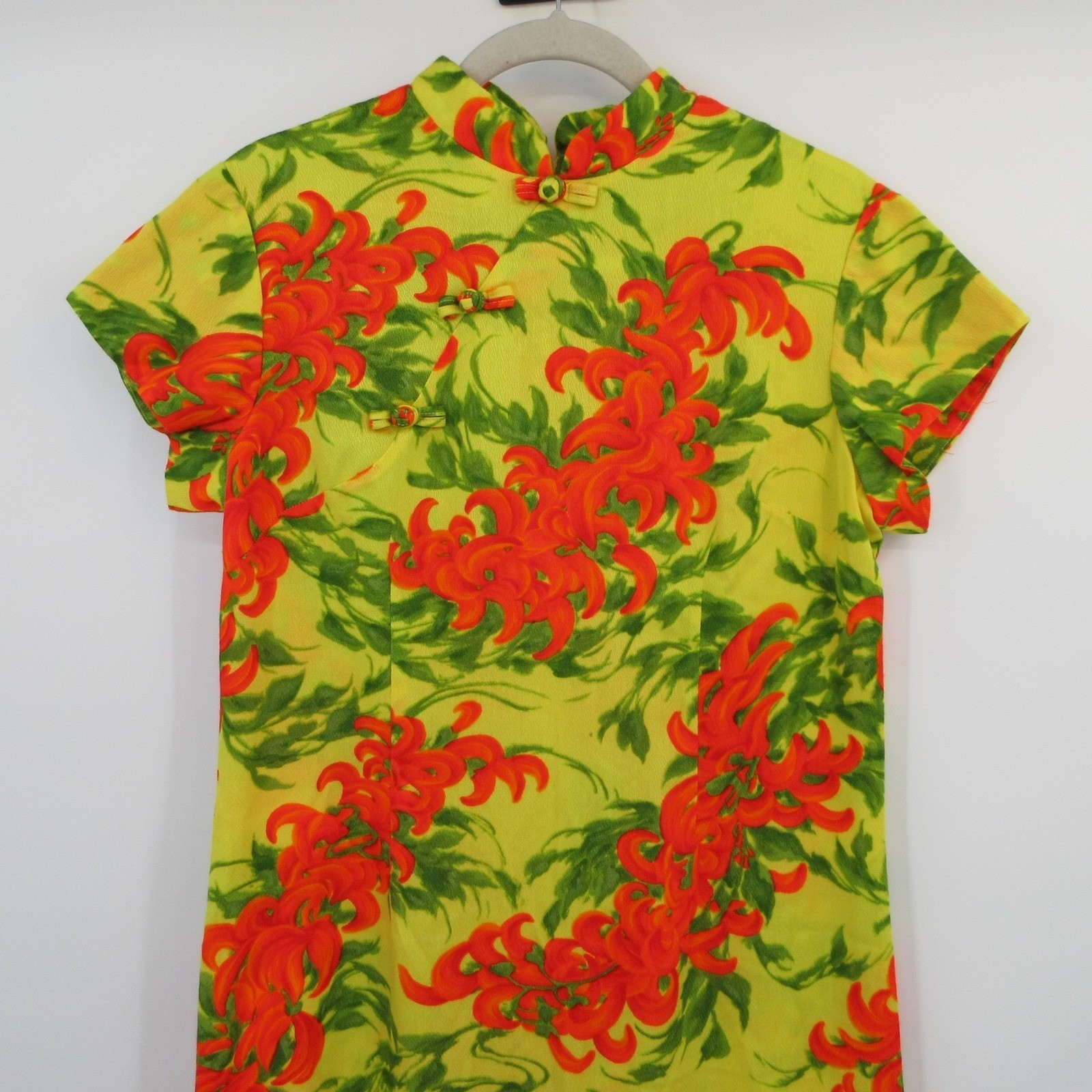 Vintage Andrade Honolulu Cheongsam Maxi Dress Yellow Floral Frog Closure Sz 14