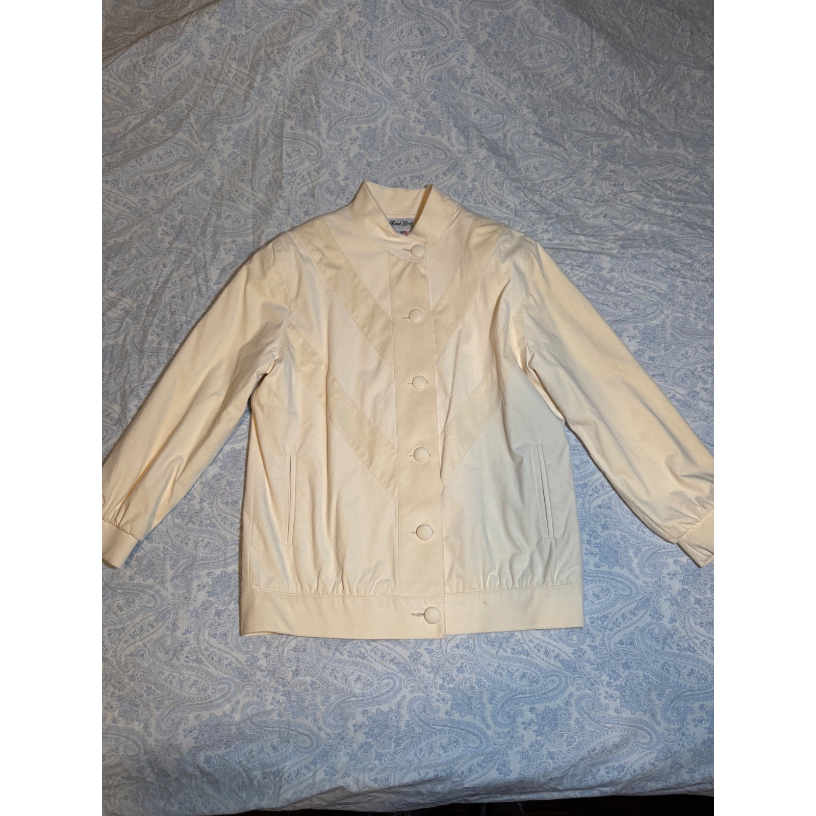 Vintage Women’s Ivory Faux Suede Jacket Mock Neck Lightweight Coat Made in USA