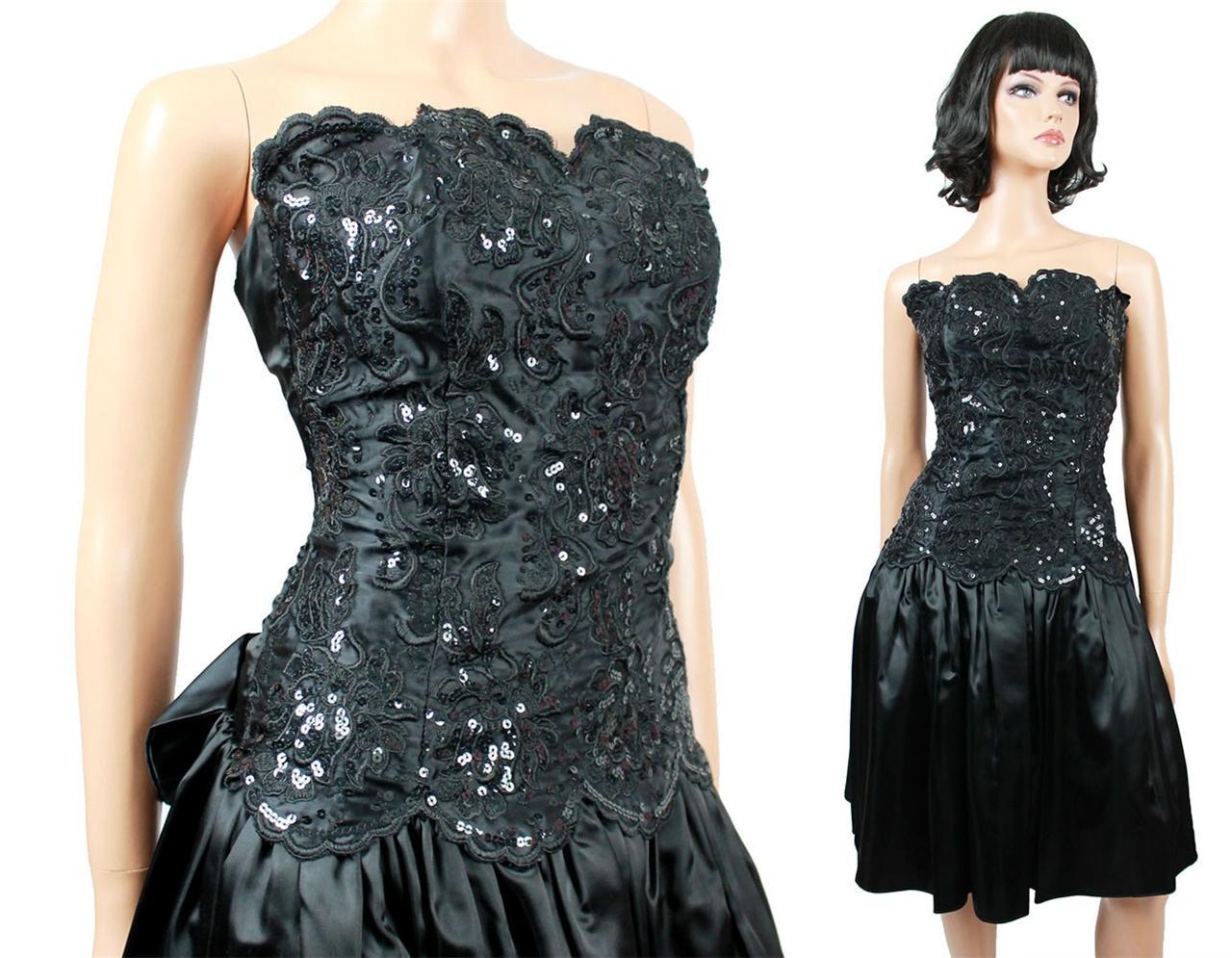 80s Prom Gown Jrs XS Vintage Strapless Black Satin Sequin Gunne Sax Mini Dress