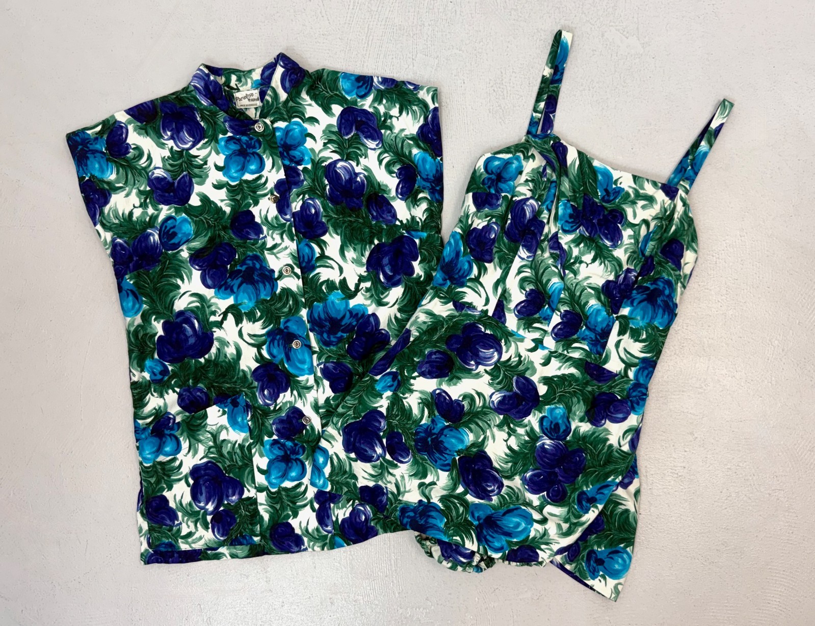 Vtg 1950s Paradise Hawaii Floral Swimsuit Romper Tea Timer Blouse 2 Piece Set