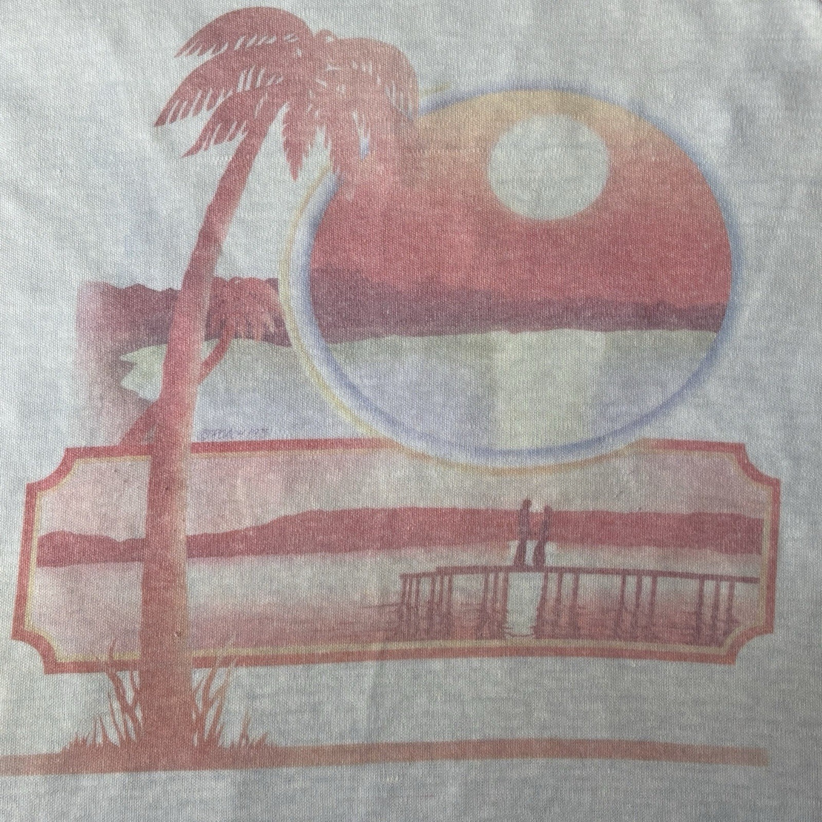 Sz M- Vintage 1975 Roach sunset beach scene raglan shirt women’s white/pink USA!