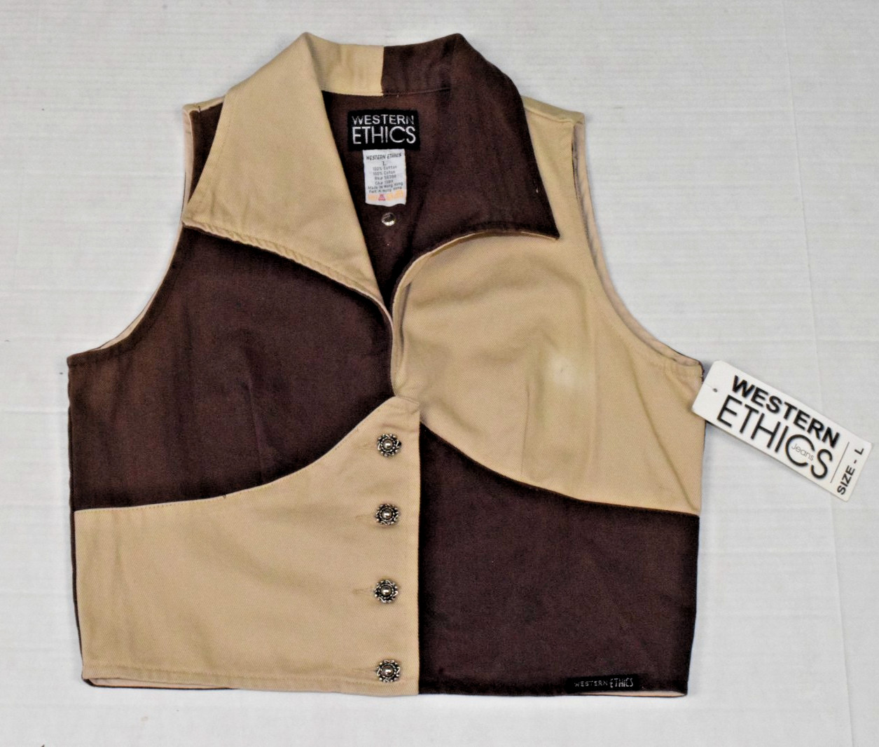 Vintage Vest Western Ethics Size L 80s Brown Beige Color Block Denim NWT