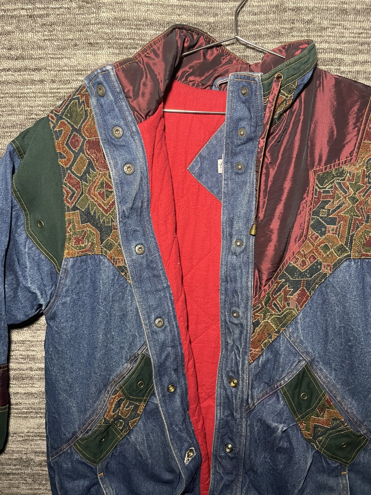 Vintage 90s Two Twenty Women’s Blue Denim Patchwork Winter Lined Jacket Small