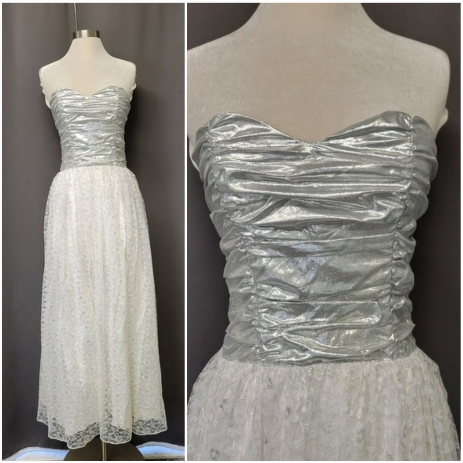 Vintage 80s Gunne Sax Jessica McClintock Dress Silver Metallic Lace White Size 9