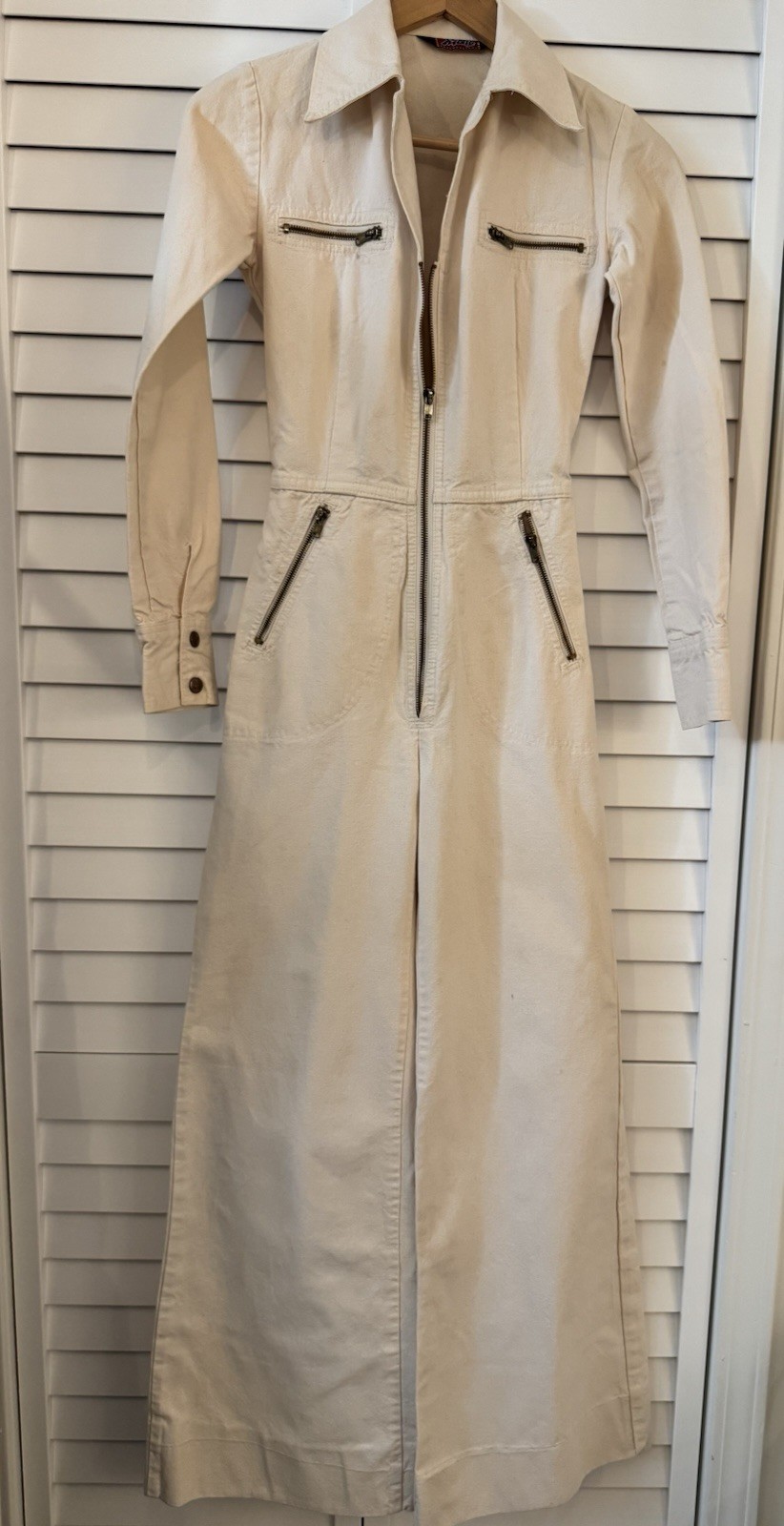 Vintage 70’s Women’s Male Brand Flared Zip up Jumpsuit, Off White, Size 5/6