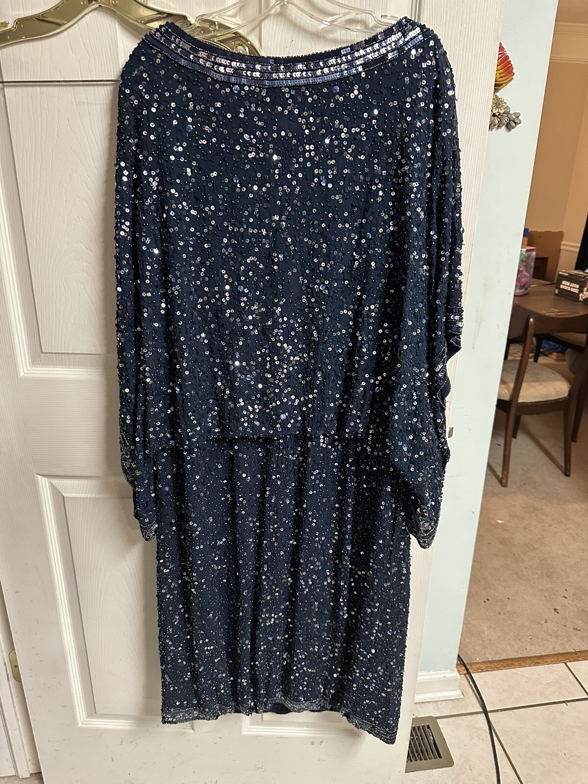 90s Dress XL blue sequin Kaftan Sleeve Bell Dress Patra MOB Wedding Formal Party