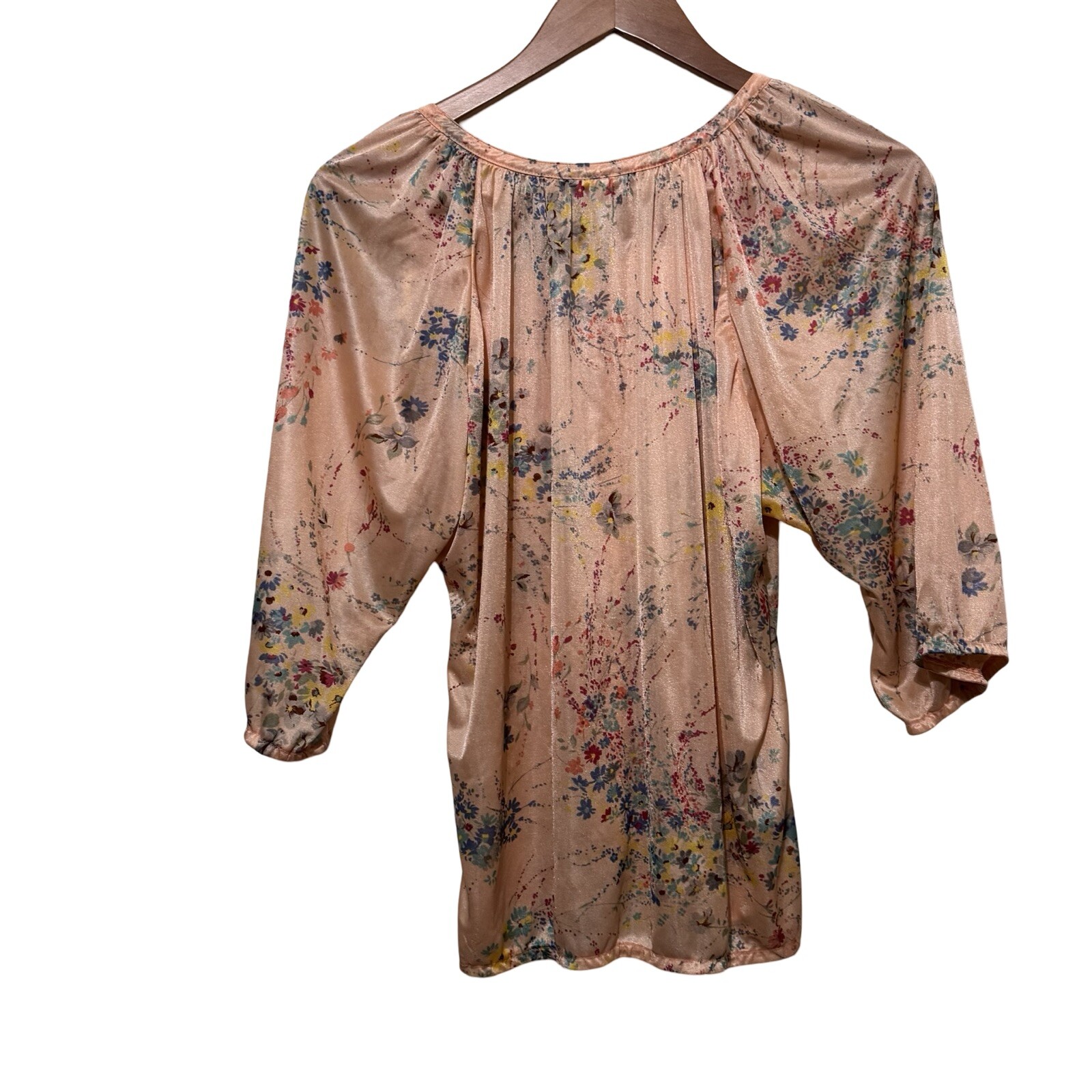 Vintage 70s Peasant Blouse Nylon Peach floral size Small Disco Hippie