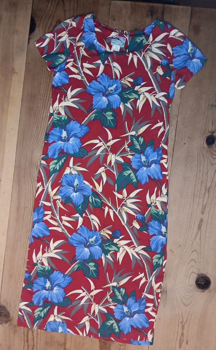 Vtg Reyn Spooner Womens XS Midi Dress Hawaiian Aloha Red 100% Spun Rayon Casual