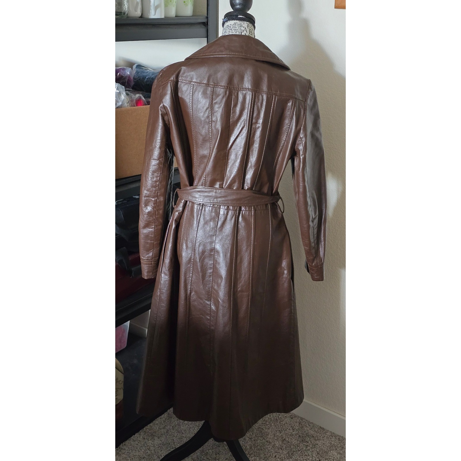 Vintage 70s Brown Leather Trench Coat Long Belted Womens 14 Junior Gallery Retro