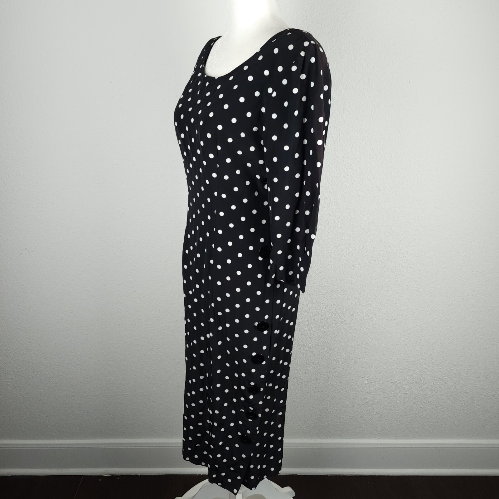 Vintage 80s 1940s DiamondsRun Black White Midi Pencil Dress Long Sleeve PolkaDot