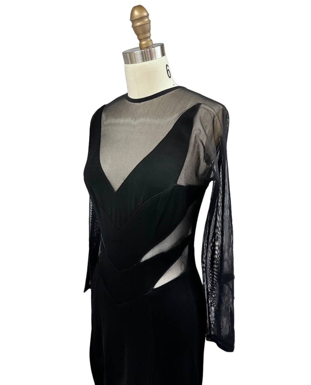 Tadashi VTG 1980s Long Black Evening Dress Sheer Cutouts Mob Wife Disco Glam M