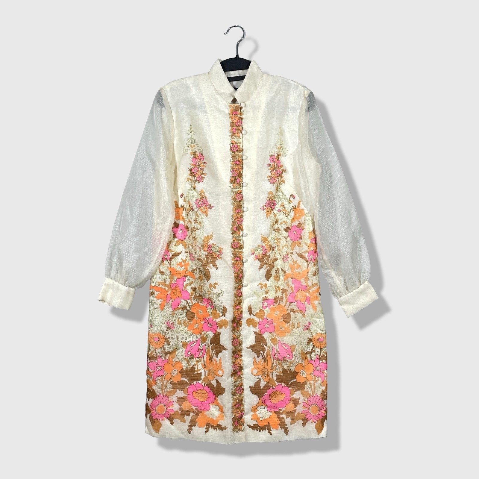 Alfred Shaheen Dress Womens M Cream Pink Orange Floral Vintage 60s Mod Boho