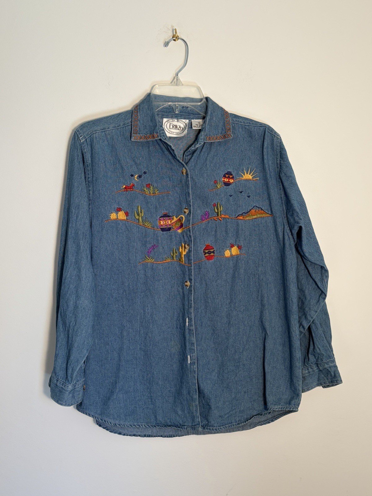 Vintage 80s 90s Erika Womens Blue Denim Southwestern Cowgirl Embroidered Shirt S