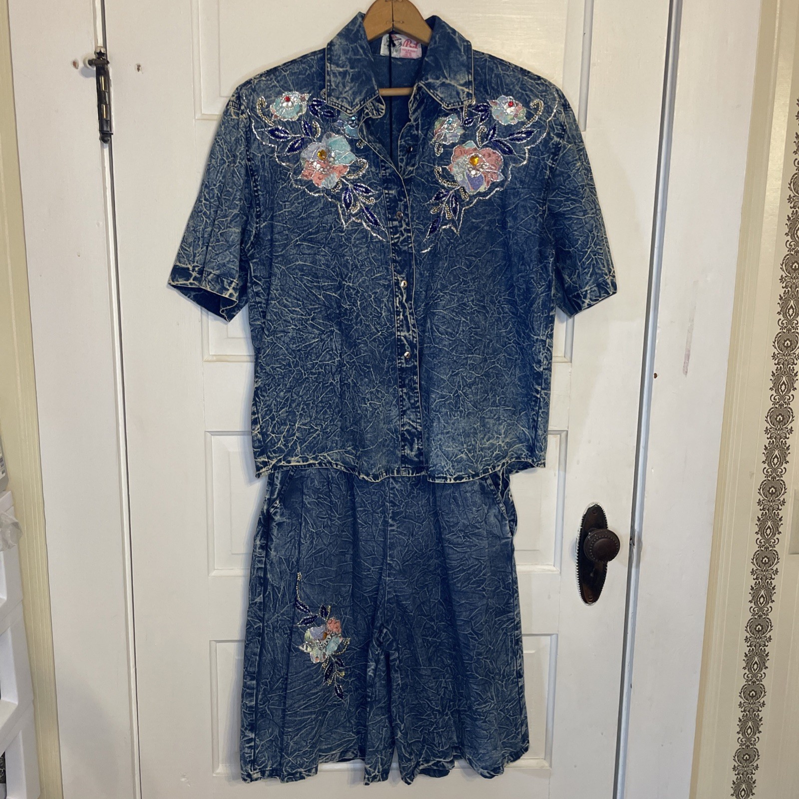 Vintage Acid Wash Denim Outfit Intricate Beaded Floral Embroidery 80s 90s Large