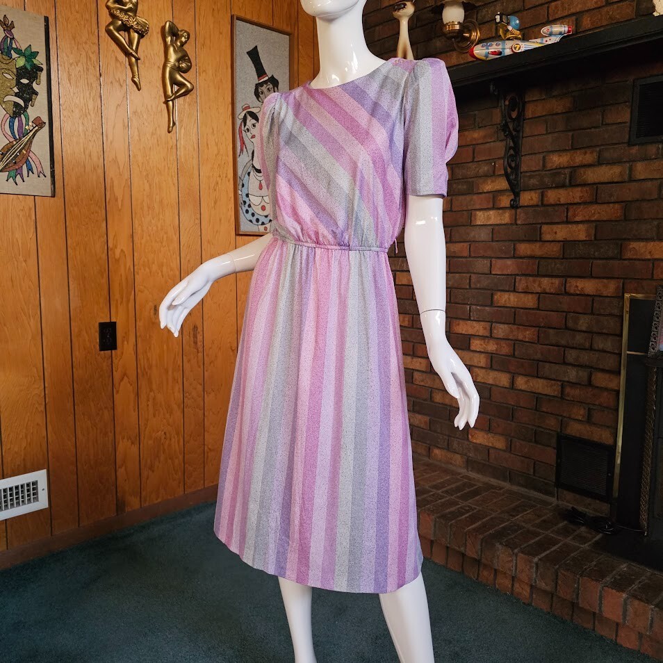 Vtg 80s Puff Sleeve Preppy Disco Studio 54 Rainbow Striped Day Party Dress M/L